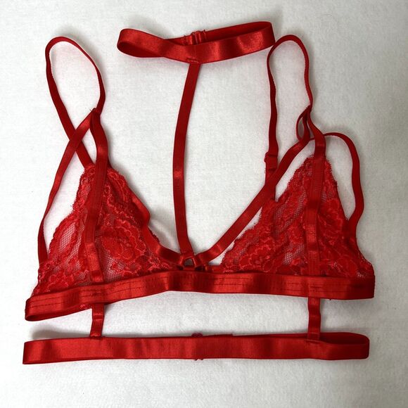 Red Lace Strappy Bralette Garter Panties Lingerie Set - Picture 5 of 10